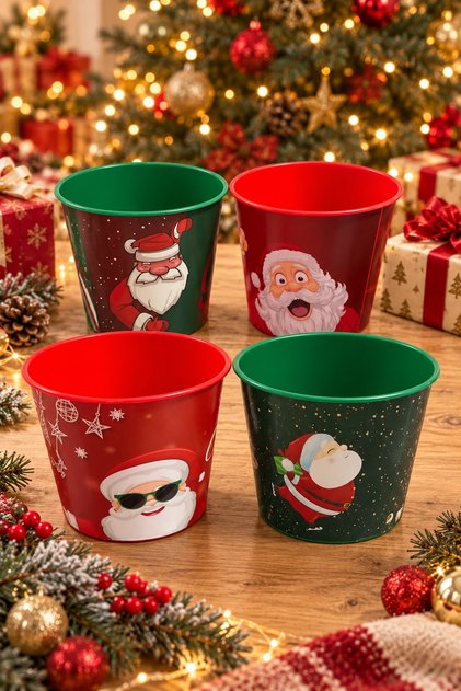 New Year's Themed Set of 4 Popcorn Buckets, Each 2.2 Lt, and Bowls for Popcorn, Chips, and Snacks