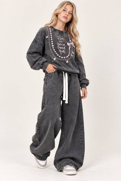 Girls' Gray Oversized Sweatshirt with Bow Detail & Wide-Leg Pants Set, Ages 10-11-12-13-14