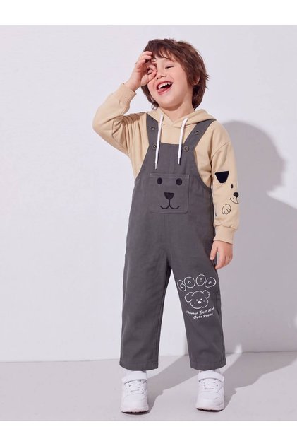 Boy's Denim Salopet Set with Hooded Sweatshirt and Dog Print