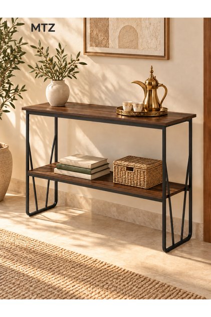 Narrow Console Table with Storage Shelf, 2-Tier Entryway Table, Rustic Brown Wood-Look Finish and Black Frame for Hallway, Living Room and Behind Sofa