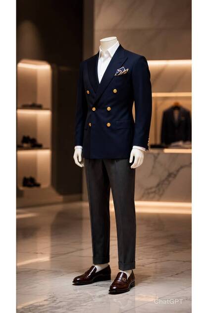 Men's Navy Blue Gold Buttoned Double-Breasted Jacket, White Shirt and Trousers Combination Set