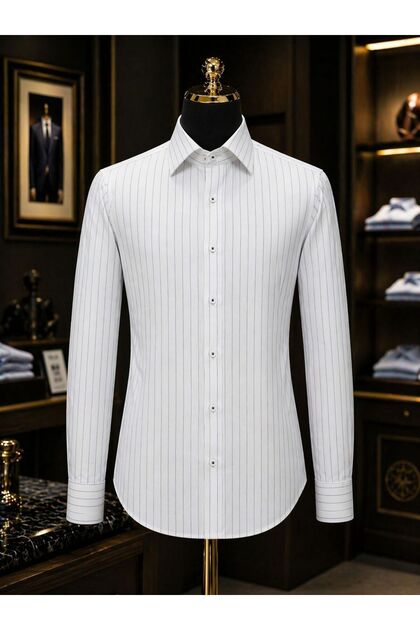 Men's White Pinstripe Slim Fit Shirt – Modern Cut, Stylish and Elegant Design