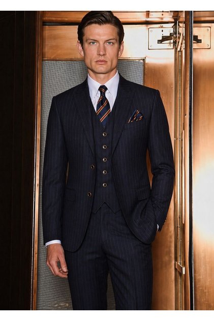Men's Navy Blue Striped Slim Fit 3 Piece Suit – Jacket Vest Pants Classic Stylish Combination