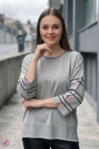 Women's Giri̇ Crew Neck Top and Skirt with Slits, Lycra, Soft Textured, Shiny, Thin, Mercerized Knitwear