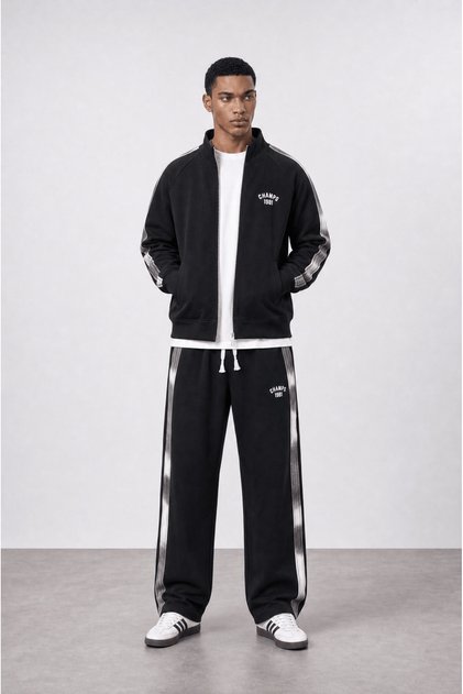 Men's Champs Stripe Detailed Doubleface Tracksuit Set Black