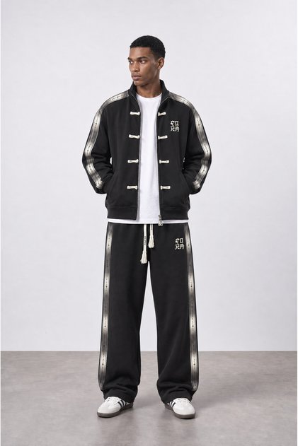 Men's Chinese Button Detailed Striped Doubleface Tracksuit Set Black