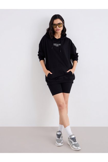 Oversized Longline Slogan Print Hoodie
