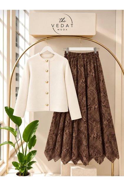 Women's Knit Cardigan Set with Button Detail and Knit Skirt -0550 BROWN-CREAM
