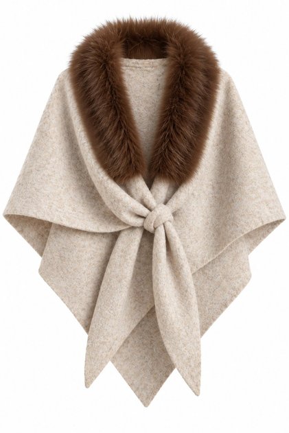 Taupe Color Fur-Trimmed Shawl - 9090