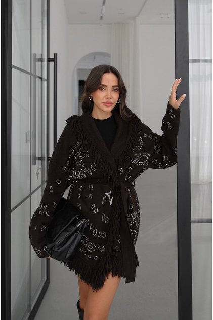 Bitter Coffee-Colored Belted Cardigan with Tasseled Edges