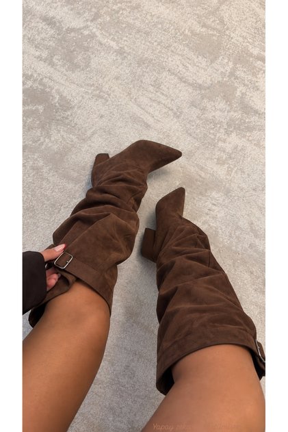 Brown Suede XL Calf-Length Adjustable Boots with a Thick Block Heel for Women