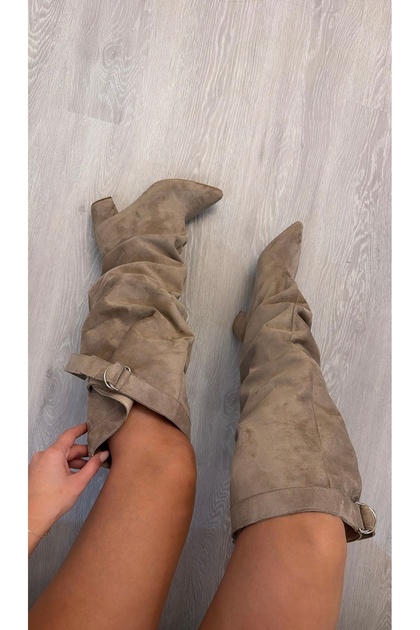 Mink Suede XL Calf-Length Adjustable Women's Boots with Thick Heel