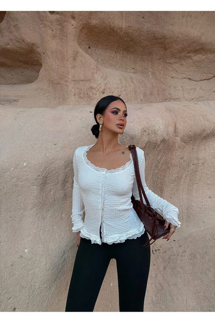 White Guipure Lace-Trimmed Blouse