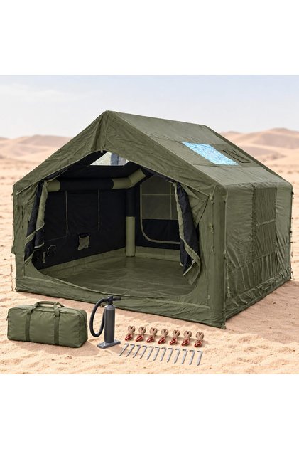 Auto Family 7.5m² Inflatable Camping Tent 6-7 People, 210D Coated Oxford Fabric Air Tent with Hand Pump, Family Outdoor Shelter with Mesh Ventilation Windows and Chimney Opening