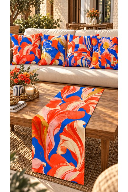 Vibrant Orange and Cobalt Blue Modern Abstract Floral Print 4-Piece Cushion Cover Set + 1 Table Runner – 43x43 cm Reversible Cushion Covers, 40x140 cm Table Runner