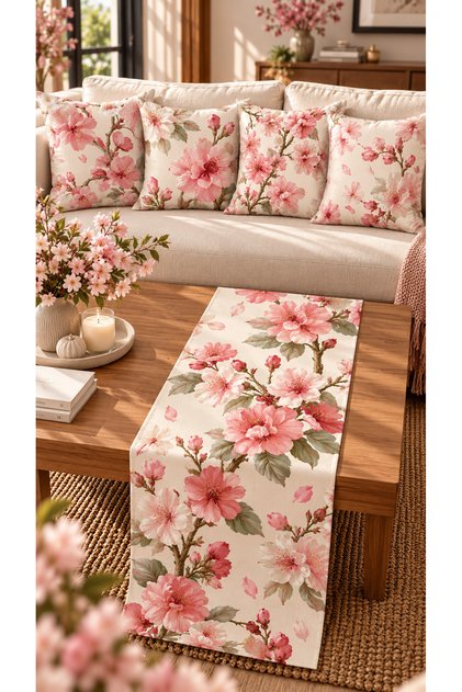 Set of 4 Cushion Covers with Pink Sakura and Cherry Blossom Floral Prints + 1 Table Runner – 43x43 cm Reversible Cushion Covers, 40x140 cm Table Runner