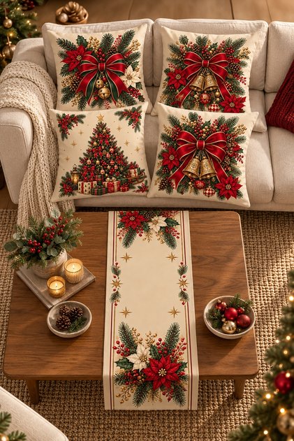 New Year's-Themed Set of 4 Cushion Covers with Red Ribbon, Gold Bell, and Pine Branch Patterns + 1 Table Runner – 43x43 cm Reversible Cushion Covers with Invisible Zippers, 40x140 cm Table Runner