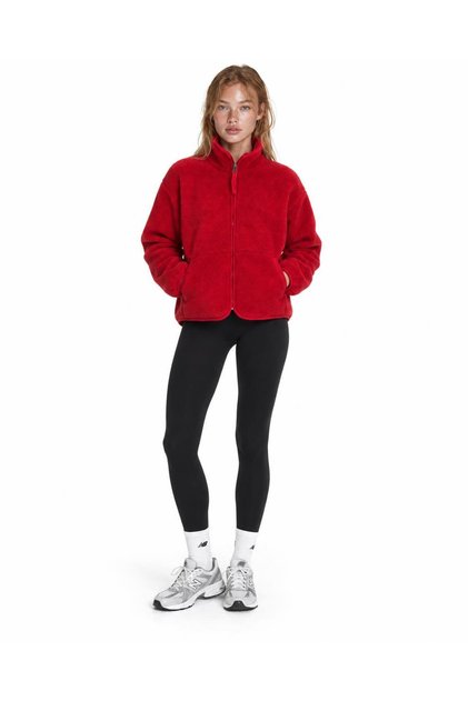 Women's Red Plush Jacket with a Mock Neck, Zipper, and Zippered Pockets