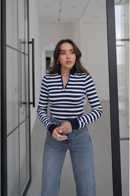 Navy Blue Crew-Neck Striped Blouse with a Zipper
