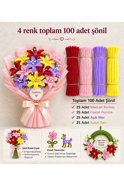 Chenille Flower Making Set 100 Pieces (M.Red, P.Pink, A.Purple, Yellow)