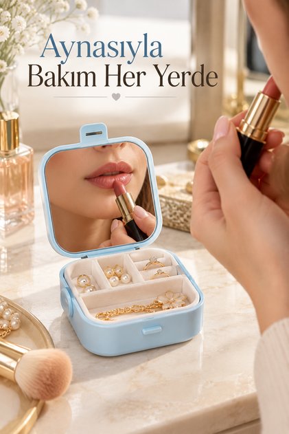 House by House Mini Makeup Jewelry Box with Mirror Inside the Bag, Blue