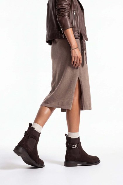 Women's Elastic Ankle-Removable Belt Buckle Double-Faced Casual Boots Apade Brown Suede