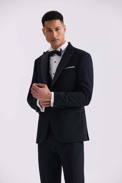 Siyah Slim Fit Sivri Yaka Yelekli Erkek Smokin