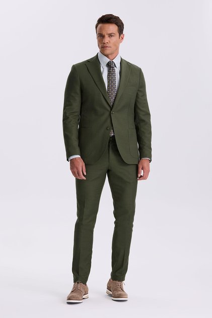 Khaki Slim Fit Mono Collar Tensel Fabric Double Slit Pocket Suit