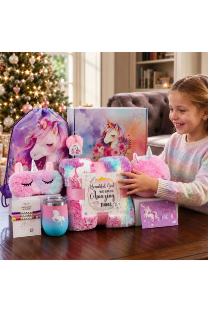 Set Unicorn pentru fete, 9 piese, paturica fosforescenta, rucsac, gentuta si accesorii, culori pastelate