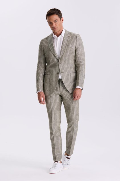 Khaki Slim Fit Swallow Collar Double Slit 100% Linen Sports Suit