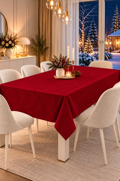 Velvet Textured Tablecloth Red