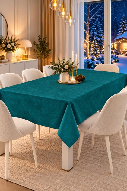 Velvet Textured Tablecloth Petrol Color