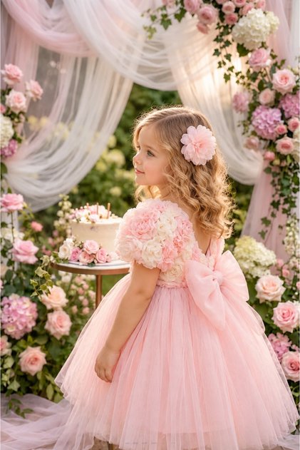 Girl's Rose Embossed Tulle Princess Evening Dress Birthday Party Special Occasion Dress