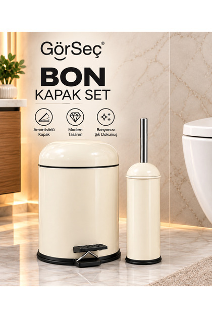 Metal Bon Kapak Banyo Seti Amörtisörlü 5 LT Krem Çöp Kovası Tuvalet Fırçası Banyo Seti Çöp Kovası