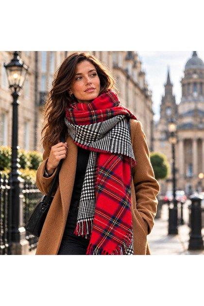 Edinburgh - Reversible Scottish Plaid and Houndstooth Oversized Women's Red Winter Shawl | 76 x 190 cm | Soft-Textured, Tasseled