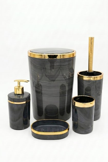 Banyo Seti 5'li,akrilik-çöpkovası,wc Fırçalık,sıvı Sabunluk,diş Fırçalık,el Sabunluk,gold Renk Detay
