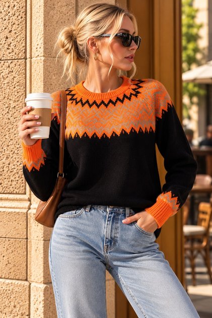 Women's Black Crew Neck Snow Patterned Knitwear Sweater