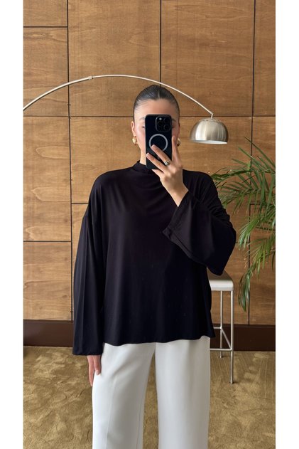 High Collar Oversize Flowy Long Sleeve Black Blouse