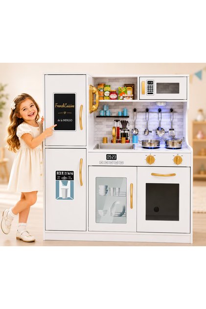 Set de bucătărie pentru copii Kindervibe din lemn, LED, sunete, cuptor, cuptor cu microunde, chiuvetă, 80,5 cm, alb/auriu