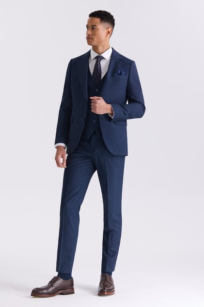 Navy Blue Slim Fit Mono Collar Vest Suit