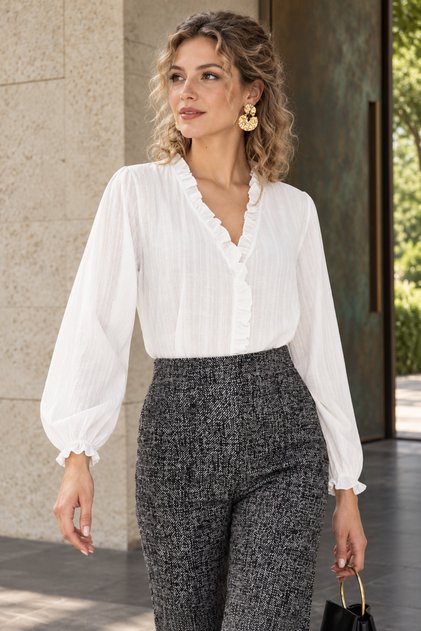 Women's White Blouse with Ruffle Detail on the Collar and Front, Elastic Sleeves, Long Sleeve Blouse Arm-25K001030