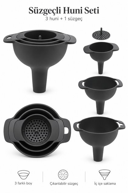 Practical Anthracite 4-Piece Funnel Set with Strainer, 3 Different Size Funnels and 1 Strainer