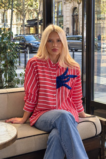Blue Embroidered Red Striped Oversize Shirt