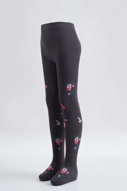 Flower Patterned Children's Pantyhose Anthracite