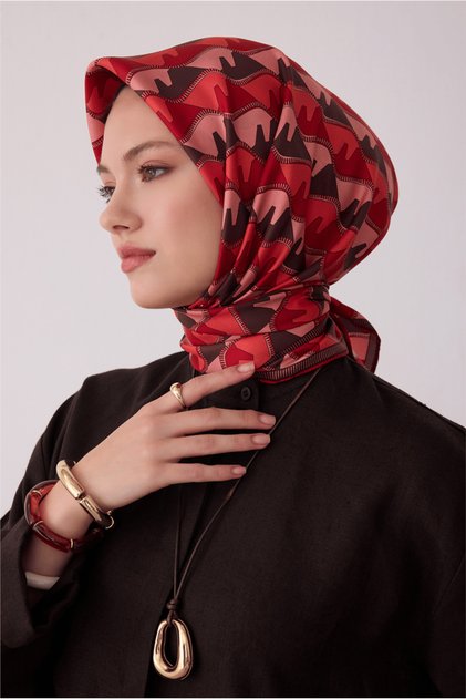 Red Geometric Pattern 100% Twill Silk Scarf 4406-33