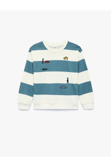 Crew Neck Long-Sleeve Embroidered Striped Oversized Sweatshirt