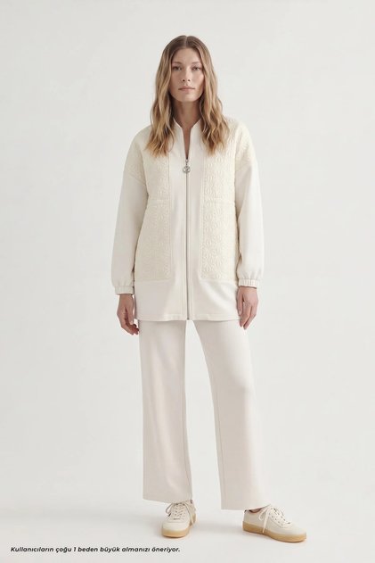 سترة بحزام خصر وسحاب وبنطلون كريمي مزدوج 1683