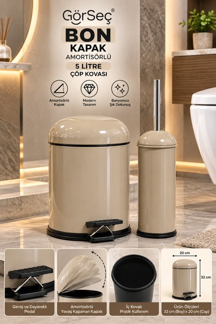 Metal Bon Kapak Banyo Seti Amörtisörlü 5 LT Cappücüno Çöp Kovası Tuvalet Fırçası Banyo Seti Çöp Kovası