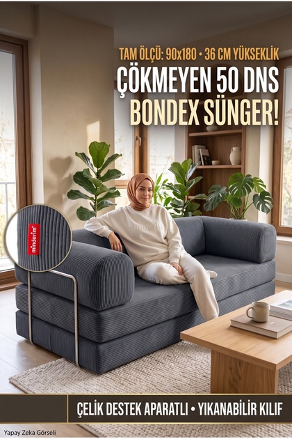 Eko Kanepe, Fitilli Kadife, Silinir, Yıkanır, Rebonded 50dns, 36h Cm, Çökmez! Dayanıklı, 90x180cm