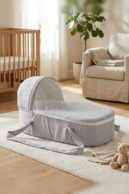 Portable Newborn Baby Carry Cot with Mattress, Pillow, and Mosquito Net, Grey